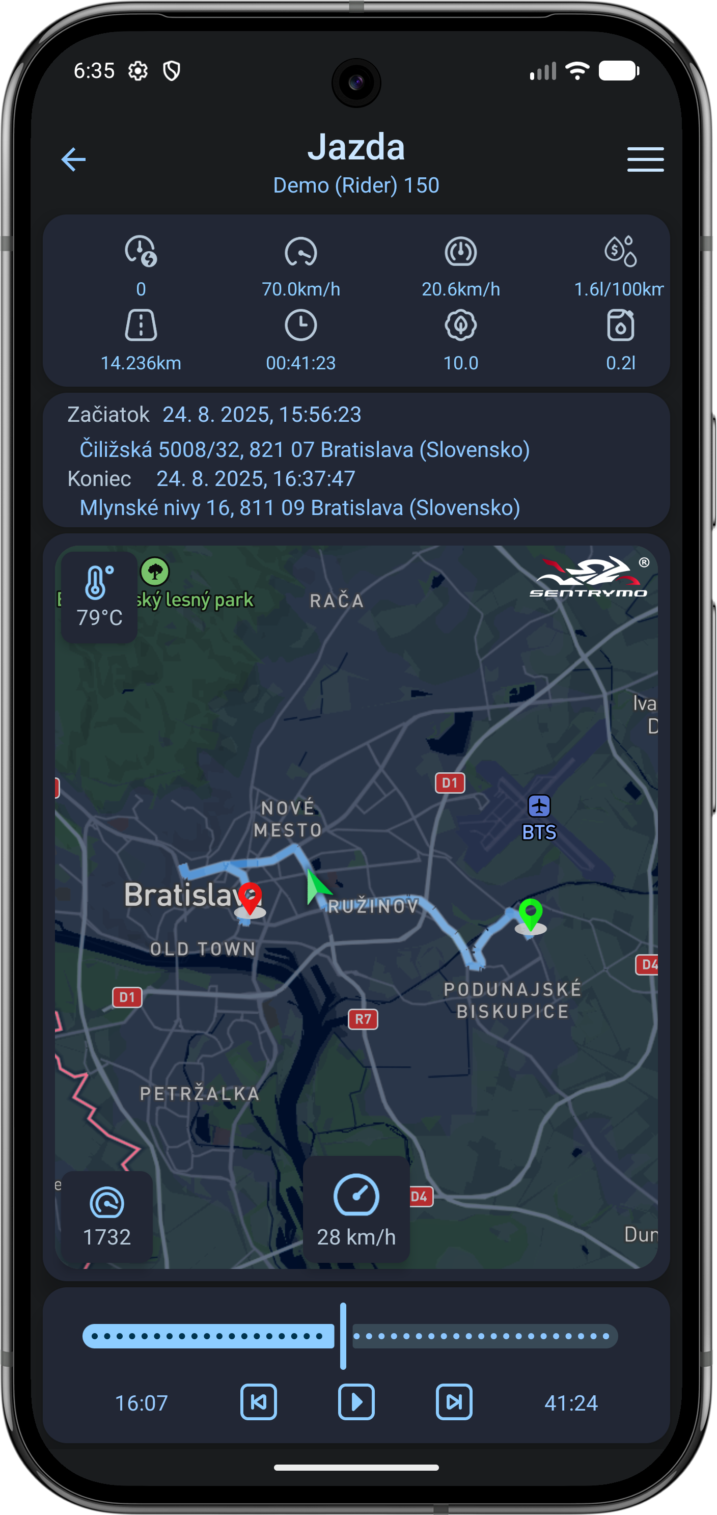 Mapa vozidla v aplikácii Sentrymo